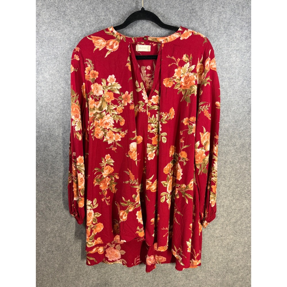 Altard State Floral Tunic Top Red Orange Long Sleeve High Low V-Neck Womens L